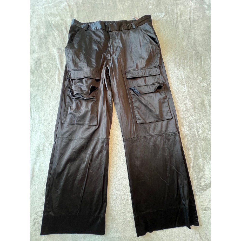 Zara Cargo Pants Women XXL Black Satin Finish High Rise Wide Leg Utility